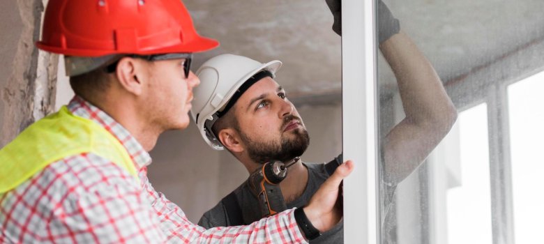 Zwei Arbeiter mit Helmen inspizieren ein Fenster