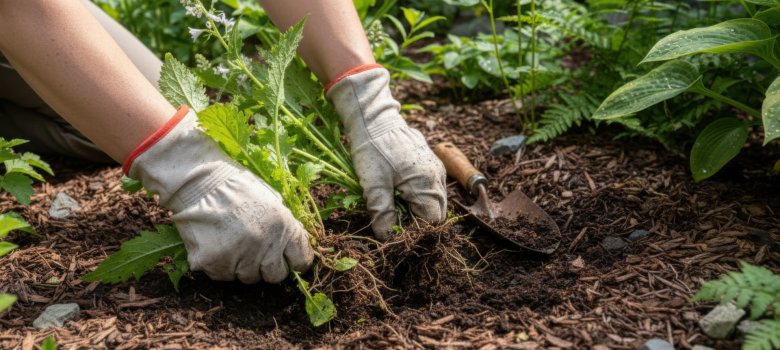Closeup of hands pulling invasive weeds from a garden bed highlighting manual weed control in a natural setting