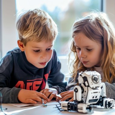 Zwei Kinder sitzen an einem Tisch und basteln einen Roboter