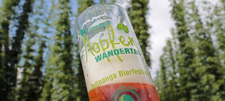 Das Hopfen-Eintrittsglas vor Hopfenstauden